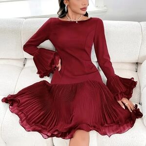 Elegant Burgundy Flare Sleeve Dress